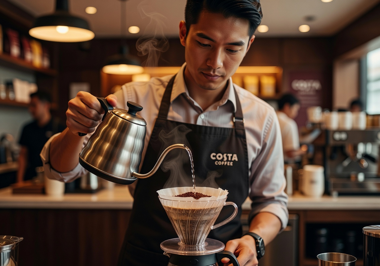 Costa Coffee barista pouring water over coffee grounds