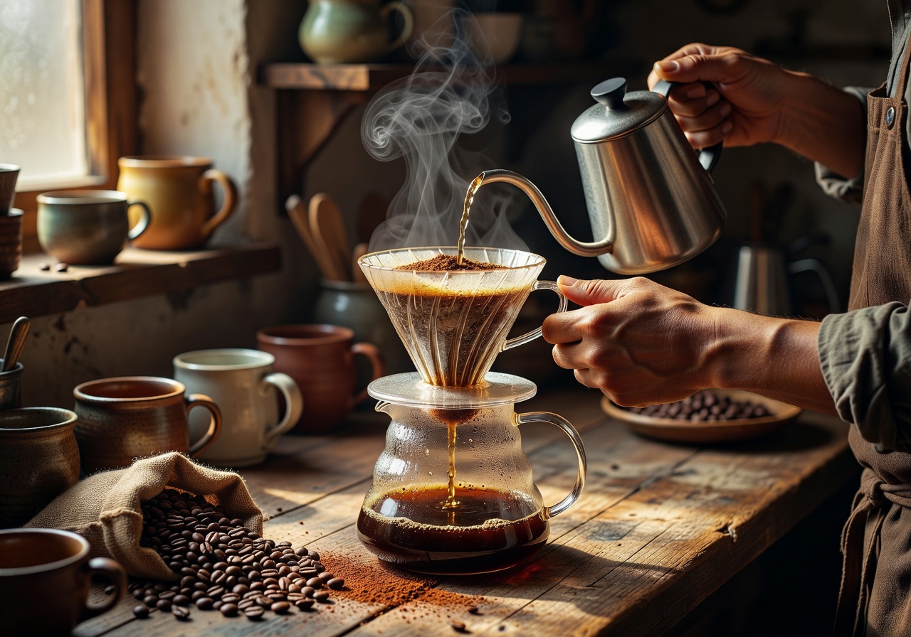 Hot artisan pour-over coffee