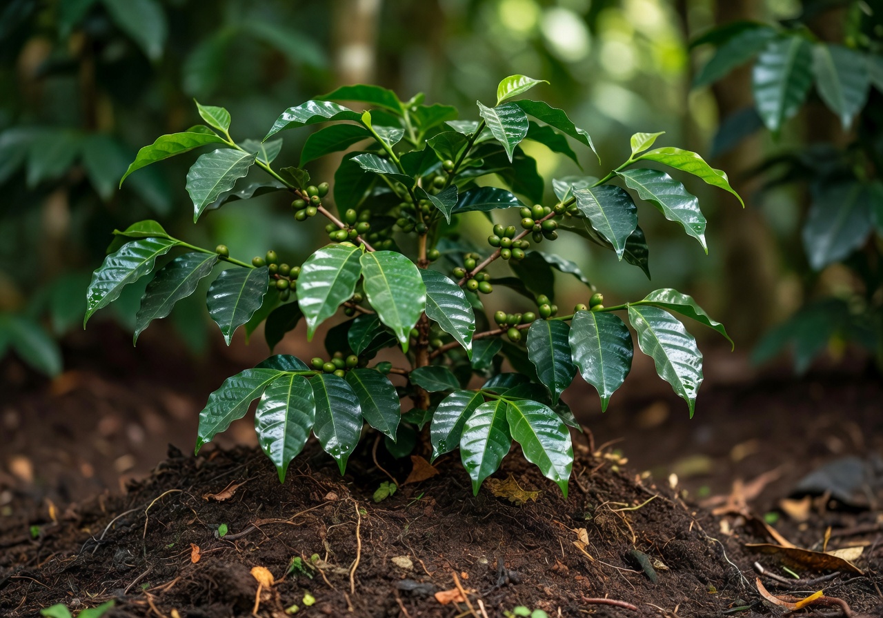 Lush green coffee plant growing in organic soil