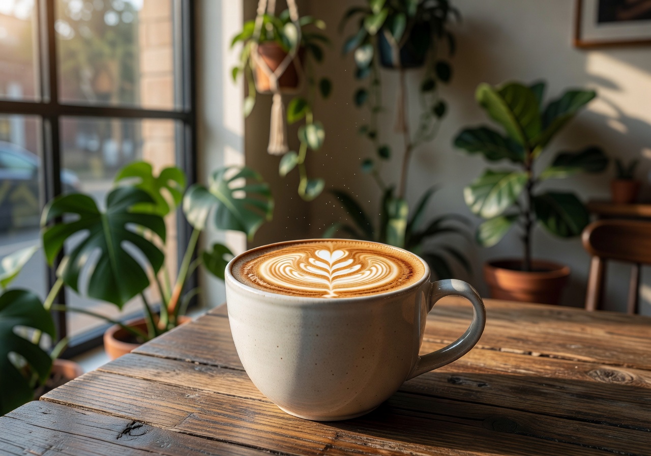 Premium Costa Coffee latte art in a sunlit natural cafe setting